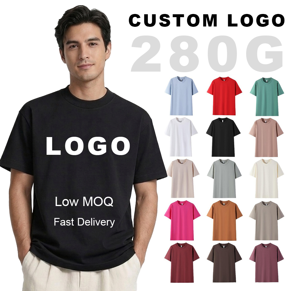 280 American heavyweight trendy brand pure cotton double yarn solid color round neck short-sleeved T-shirt for men and women, custom casual and comfortable workwear