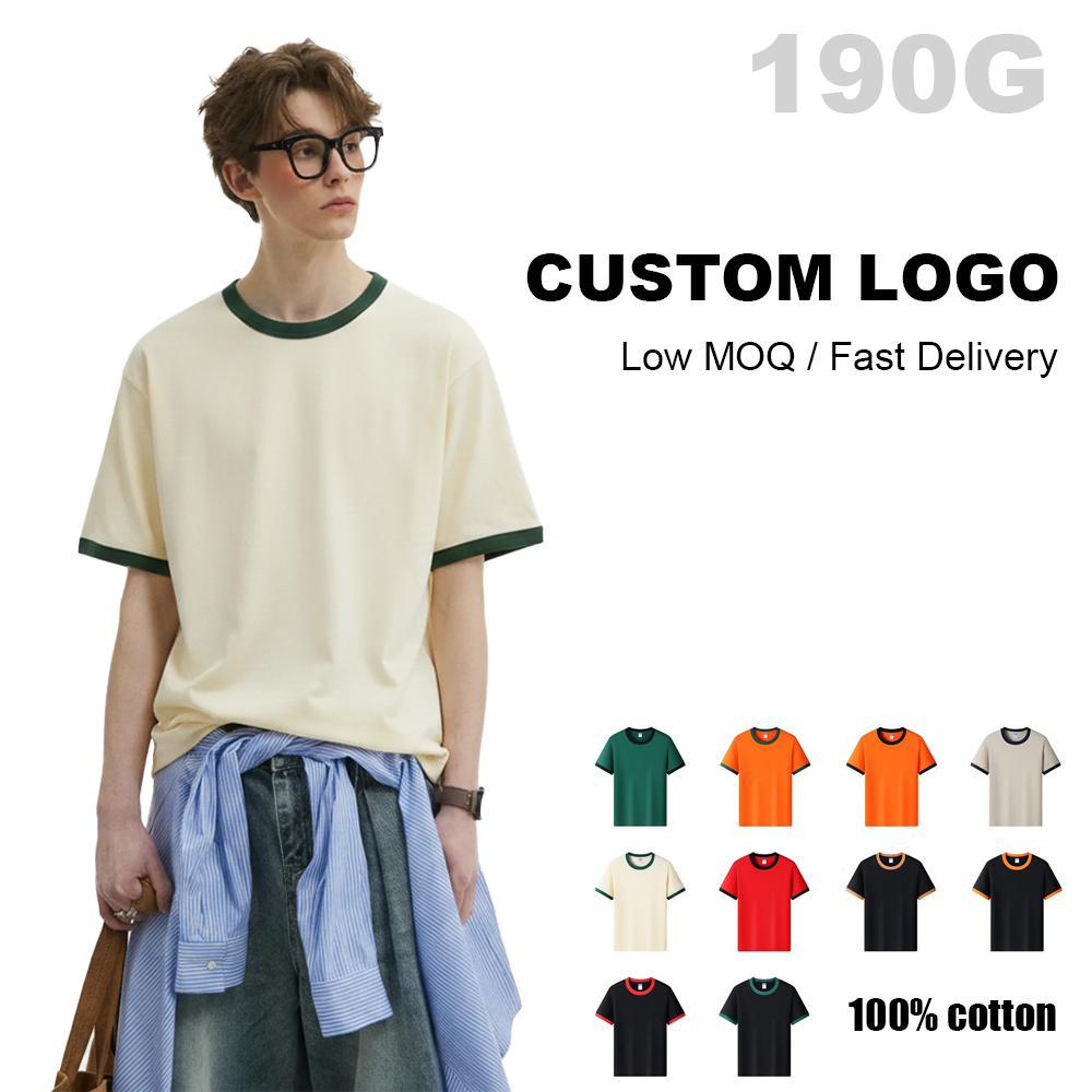 190 cross-border European and American size pure cotton color-block drop shoulder round neck short-sleeved men's and women's T-shirts, custom advertising T-shirts, work clothes
