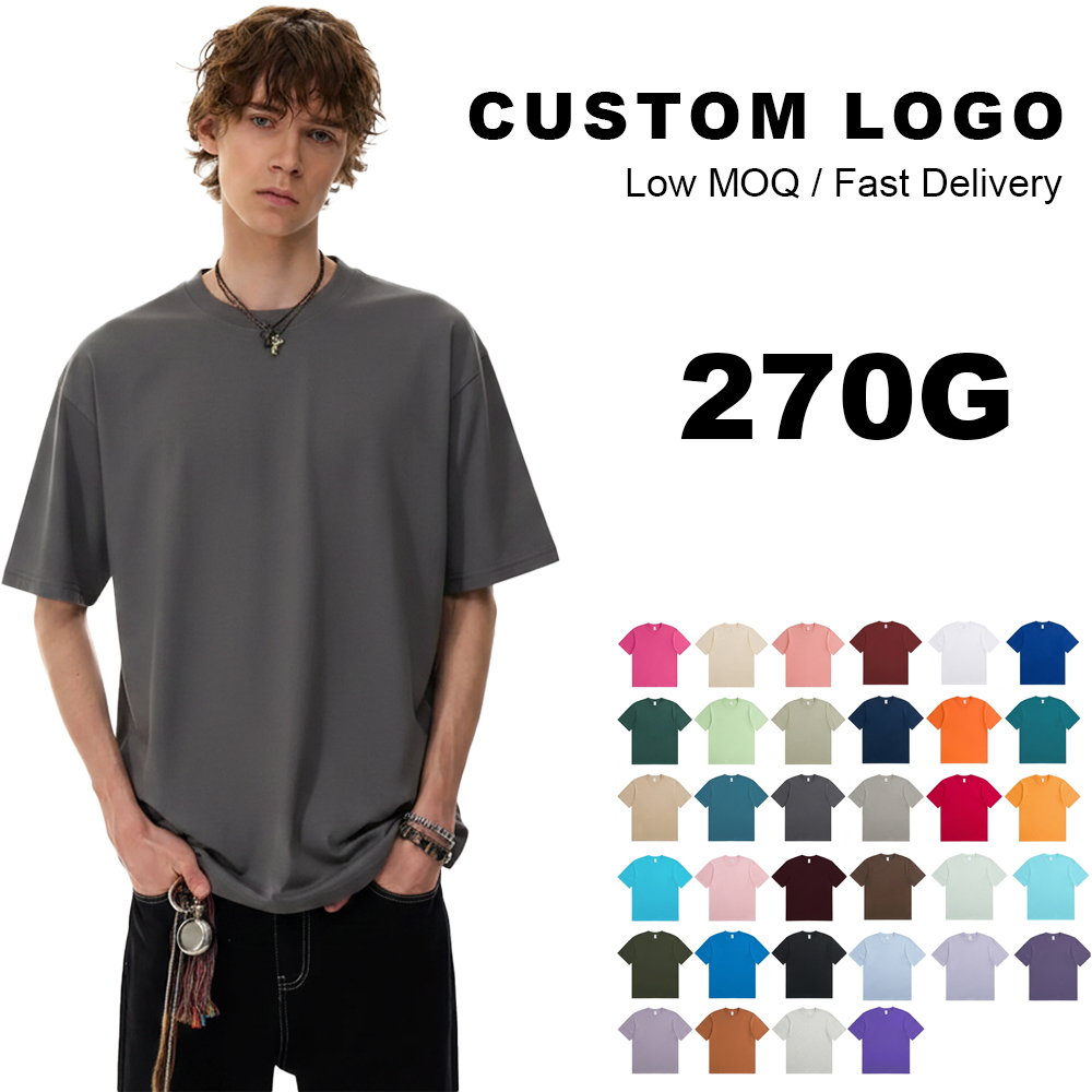 Hot-selling 270g heavyweight men's T-shirt, 2026 summer new style, pure cotton round neck short sleeve solid color trendy white t-shirt