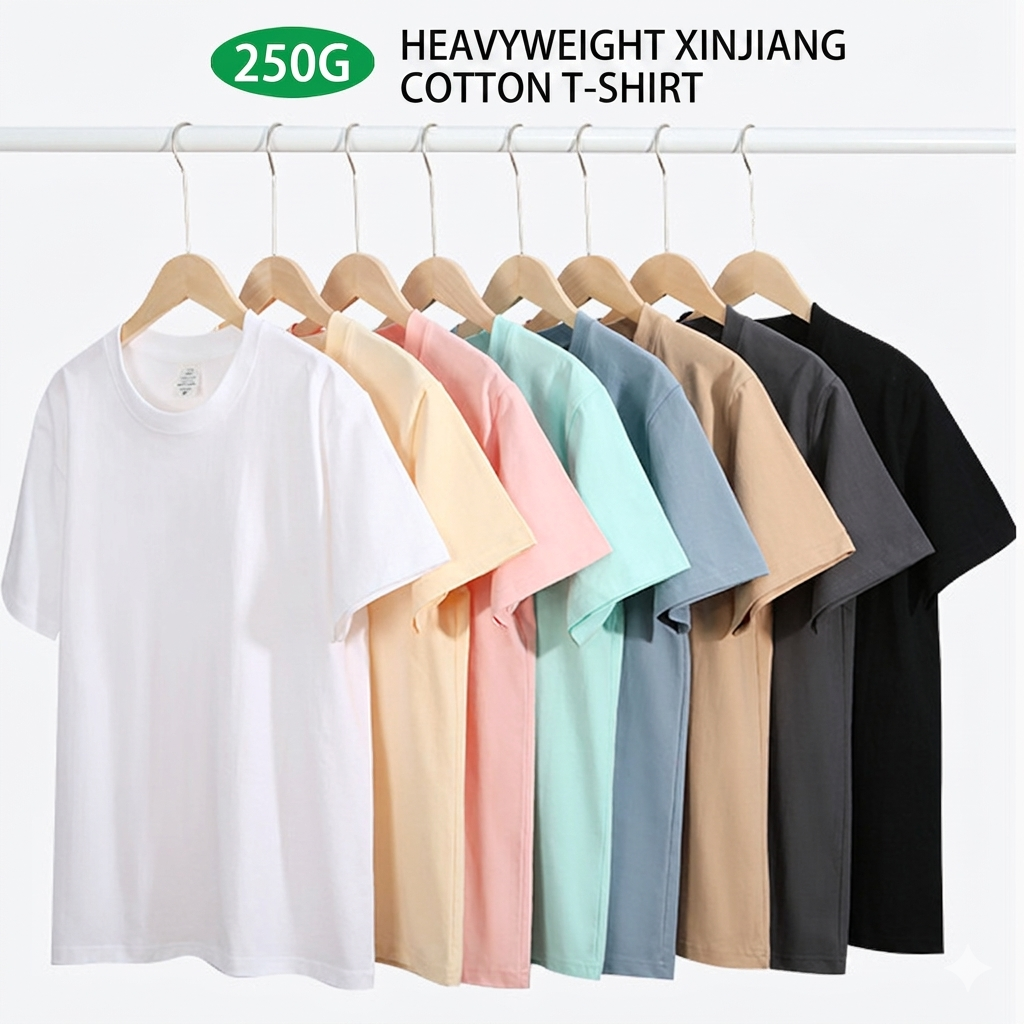 250G unisex heavyweight pure cotton short-sleeved t-shirt with straight shoulders, solid color, round neck, loose fit, men's top, base layer.