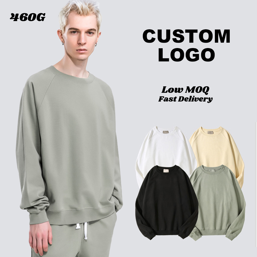 460g Heavyweight Raglan Sleeve Pure Cotton Terry Cloth Sweatshirt, Unisex Street Style American Solid Color Crew Neck Sweatshirt